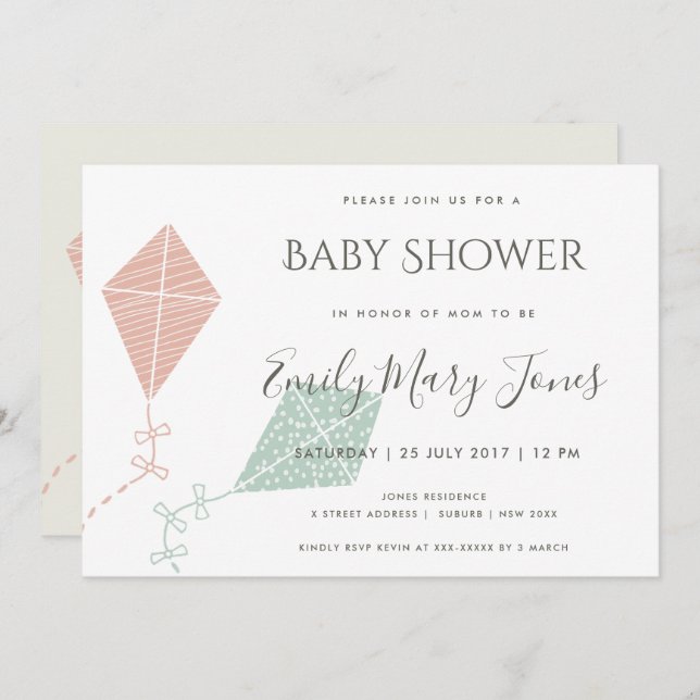 SOFT SUBTLE PINK BLUE KITE  BABY SHOWER INVITATION (Front/Back)