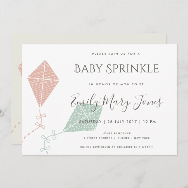 SOFT SUBTLE PINK BLUE KITE  BABY SPRINKLE INVITATION (Front/Back)