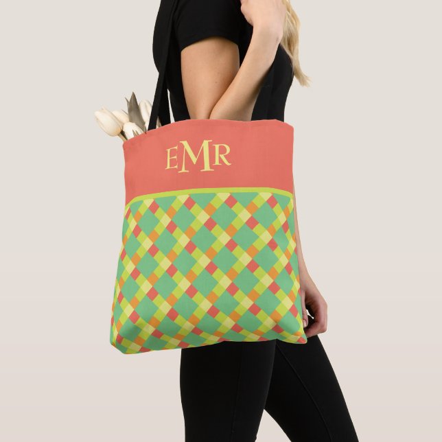 Soft Summer Tile Stripes Monogram Tote Bag (Close Up)