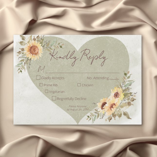 Soft Sunflowers Boho Heart Wedding Three Dinner RSVP Card (Soft Sunflowers Boho Heart Wedding Three Dinner RSVP Card)