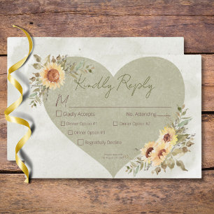 Soft Sunflowers Boho Heart Wedding Three Dinner RSVP Card