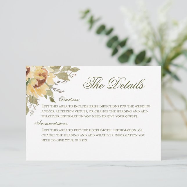 Soft Sunflowers Wedding Details Card (Standing Front)