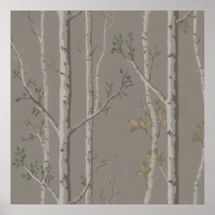Soft Taupe Birch Trees Sage Leaf Art Poster