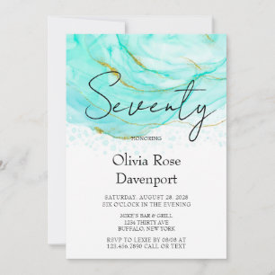 Soft Teal and Gold Alcohol Ink 70th Birthday Party Invitation