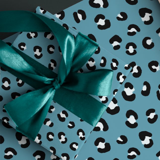 Soft Teal, Black and White Leopard Print Pattern Wrapping Paper Sheet (Creator Uploaded)