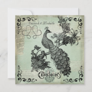 Soft Teal Crosshatch Peacock Wedding Invitation