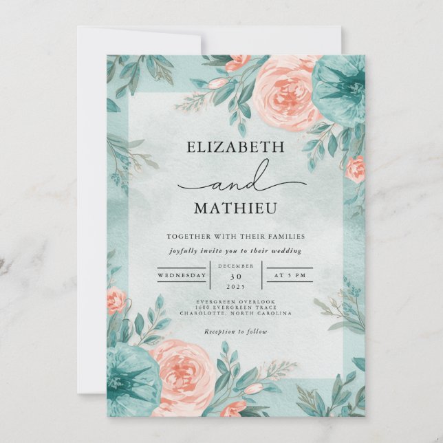 Soft Teal Floral Border Wedding Invitation (Front)