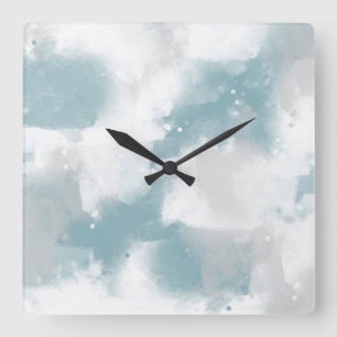 Soft Teal Grey & White Abstract Brushstrokes Square Wall Clock