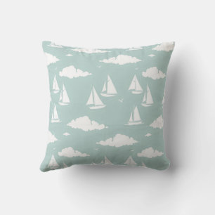 Soft Teal Sailboat and Cloud Coastal Pattern Cushion