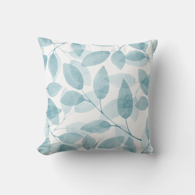 Soft Teal Watercolor Leaves Cushion (Front)