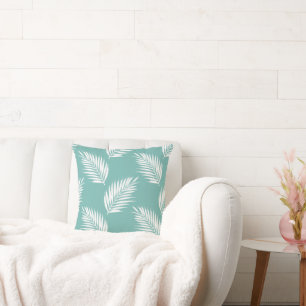 Soft Teal White Palm Fronds Pattern Cushion