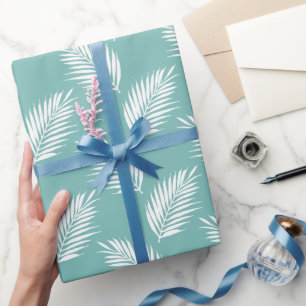 Soft Teal White Palm Fronds Pattern  Wrapping Paper