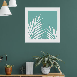 Soft Teal White Palm Leaves Poster