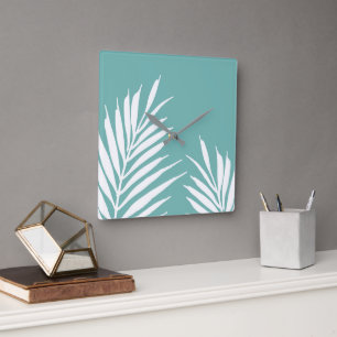Soft Teal White Palm Leaves Square Wall Clock