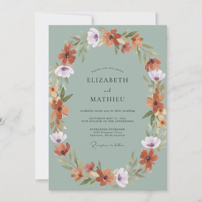 Soft Terracotta Amethyst Wreath Wedding Invitation (Front)