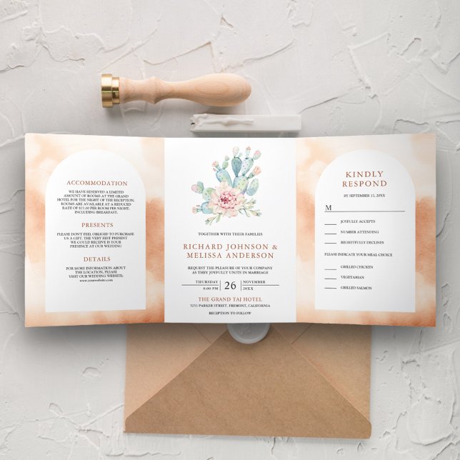 Soft Terracotta Arch Desert Floral Cactus Wedding Tri-Fold Invitation (Creator Uploaded)