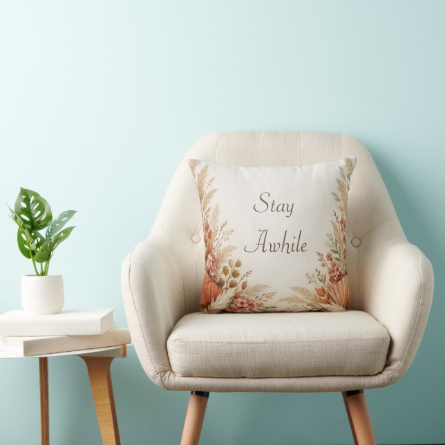 Soft Terracotta Boho Floral Pampas Frame Cushion (Chair)