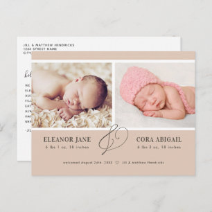 Soft Terracotta Modern Twins Birth Announcement Postcard