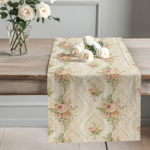 Soft Toned Damask and Lace Vintage Victorian Charm Long Table Runner