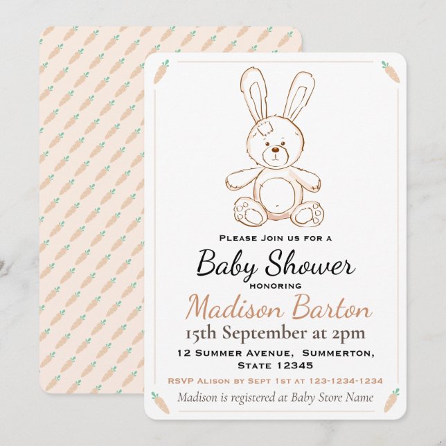 Soft Toy Bunny & Carrots Baby Shower Invitation (Front/Back)