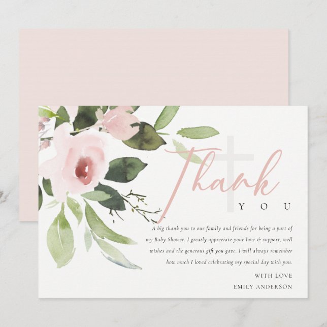 SOFT TRENDY BLUSH PINK ROSE BABY SHOWER THANK YOU INVITATION (Front/Back)