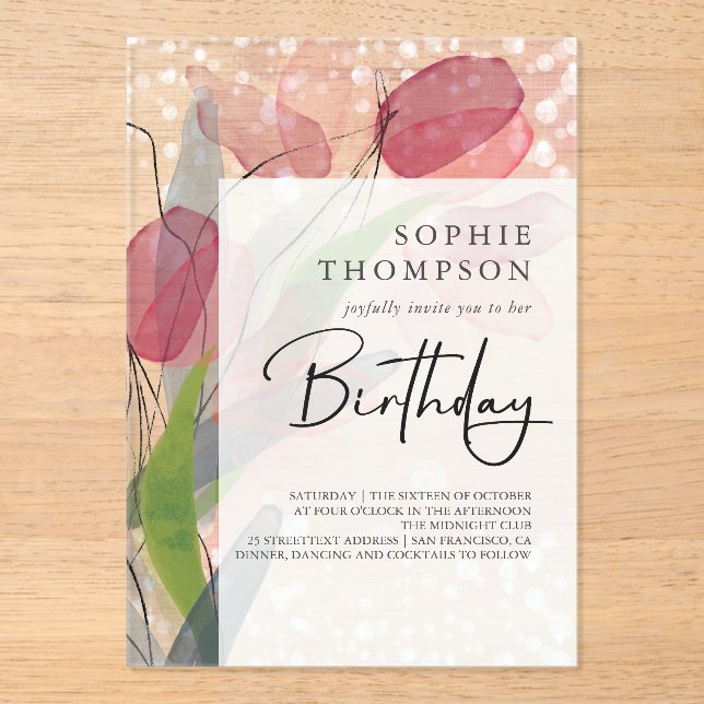 Soft tulips elegant birthday acrylic invitations (Front)