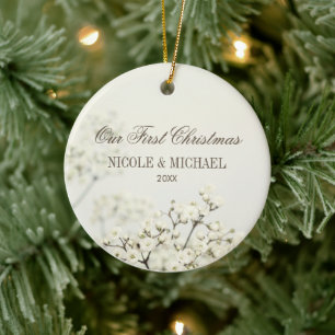 Soft Vintage Baby's Breath Our First Christmas Ceramic Ornament