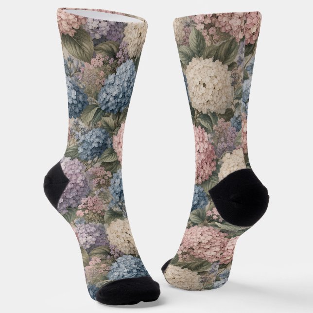 Soft Vintage Hydrangea Cluster Artwork Socks (Angled)