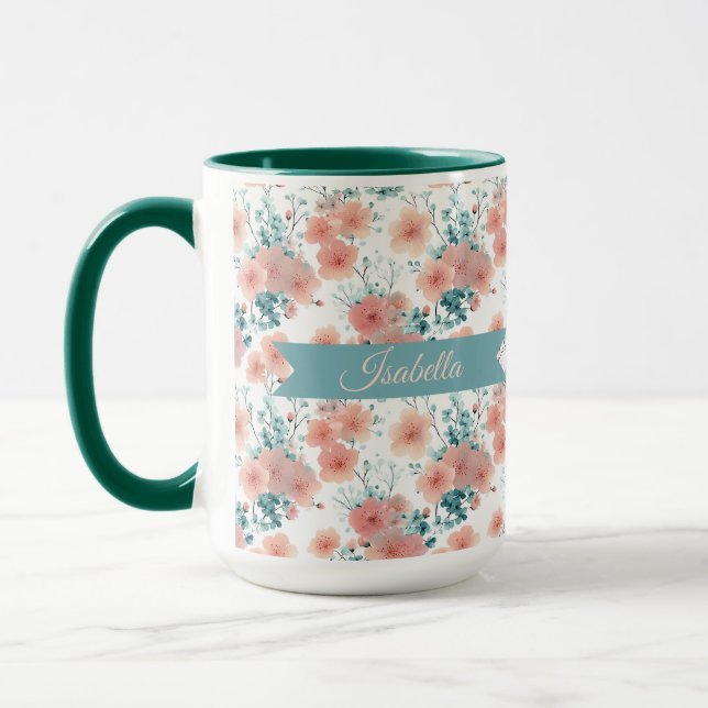 Soft Vintage Spring Pink Floral Personalized Mug (Left)