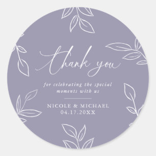 Soft Violet Elegant Leaves Wedding Thank You Classic Round Sticker