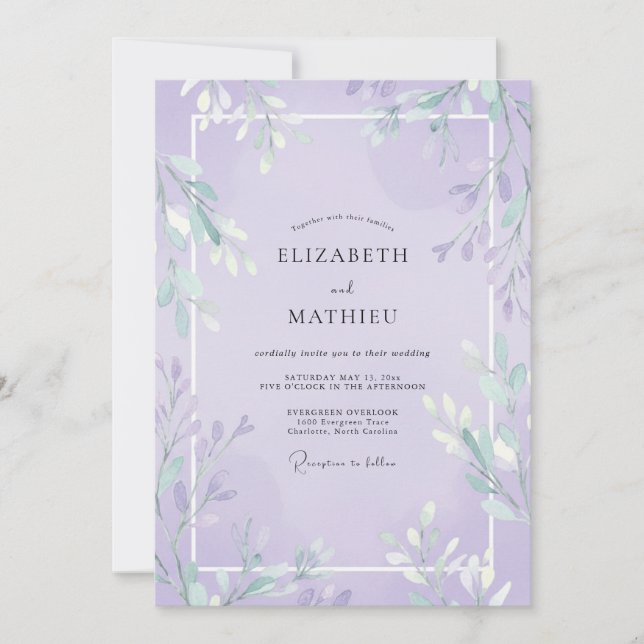 Soft Violet Leafy Wedding Invitation (Front)