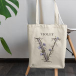 Soft Violet Letter V Floral Monogram Custom Name Tote Bag<br><div class="desc">Charming tote bag showcasing the letter V formed by soft delicate violets. Ideal for spring enthusiasts and flower gardeners.</div>