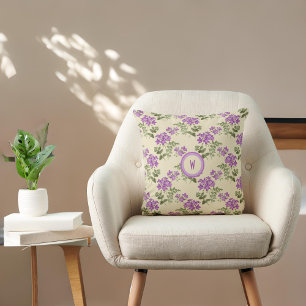 Soft Violet Pattern on Pale Yellow with Initial Cushion