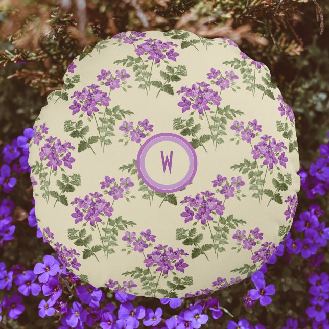 Soft Violet Pattern on Pale Yellow with Initial Round Cushion (Creator Uploaded)