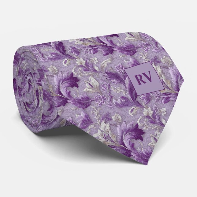 Soft Violet Purple Botanical Scroll Tie (Rolled)