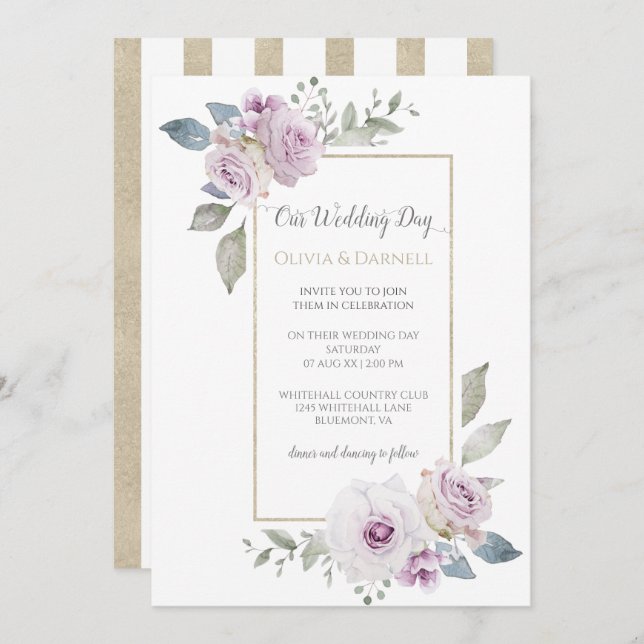 Soft Violet Purple Lavender Gold Floral Wedding Invitation (Front/Back)