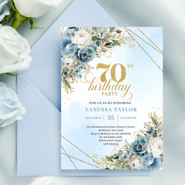 Soft watercolor blue florals gold 70th birthday  invitation (Soft watercolor blue florals gold 70th birthday invite

)