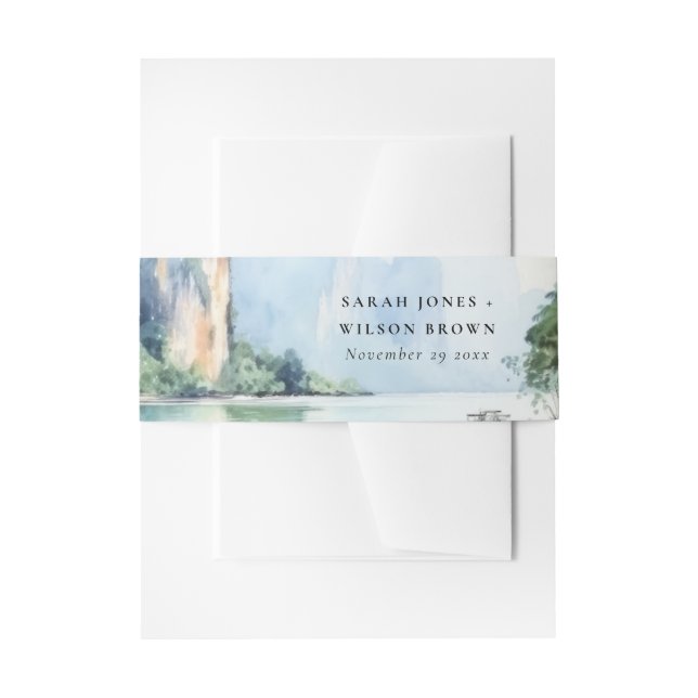 Soft Watercolor Coastal Thailand Seascape Address Invitation Belly Band (Front Example)