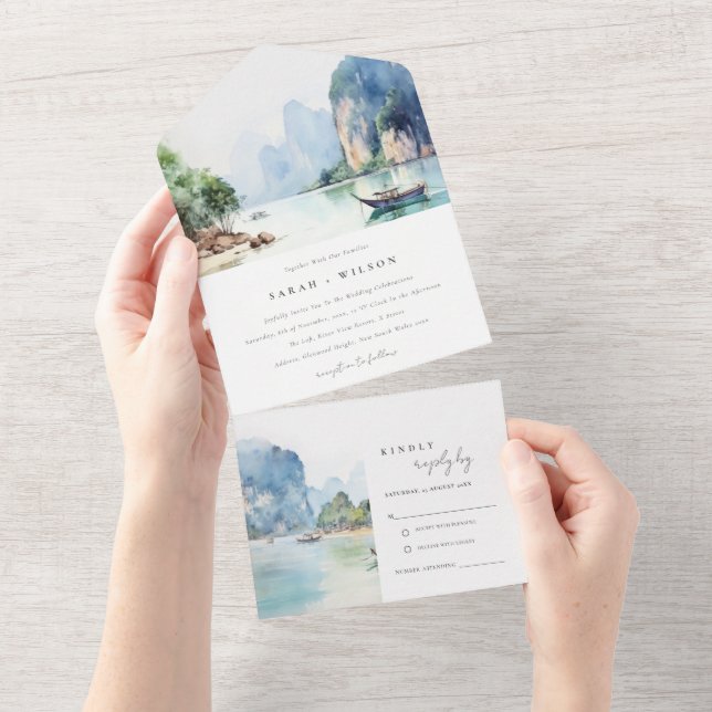 Soft Watercolor Coastal Thailand Seascape Wedding All In One Invitation (Tearaway)