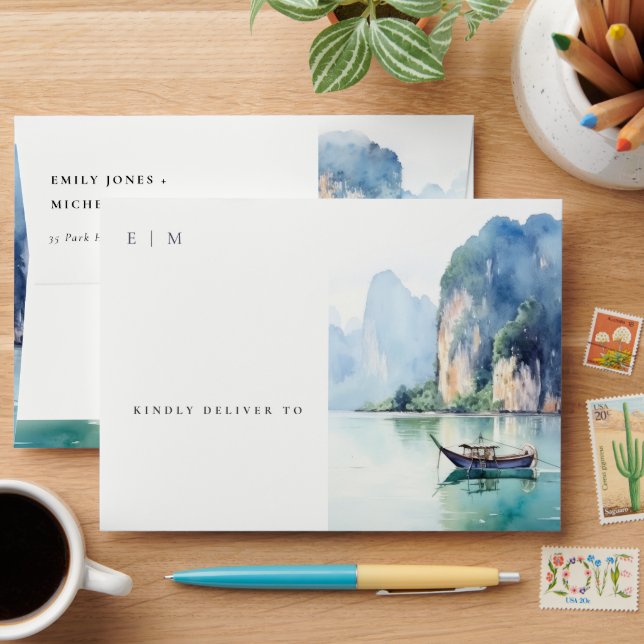 Soft Watercolor Coastal Thailand Seascape Wedding Envelope (Desk)