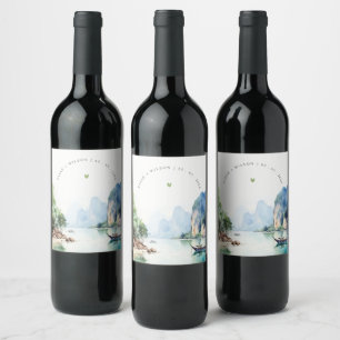 Soft Watercolor Coastal Thailand Seascape Wedding Wine Label