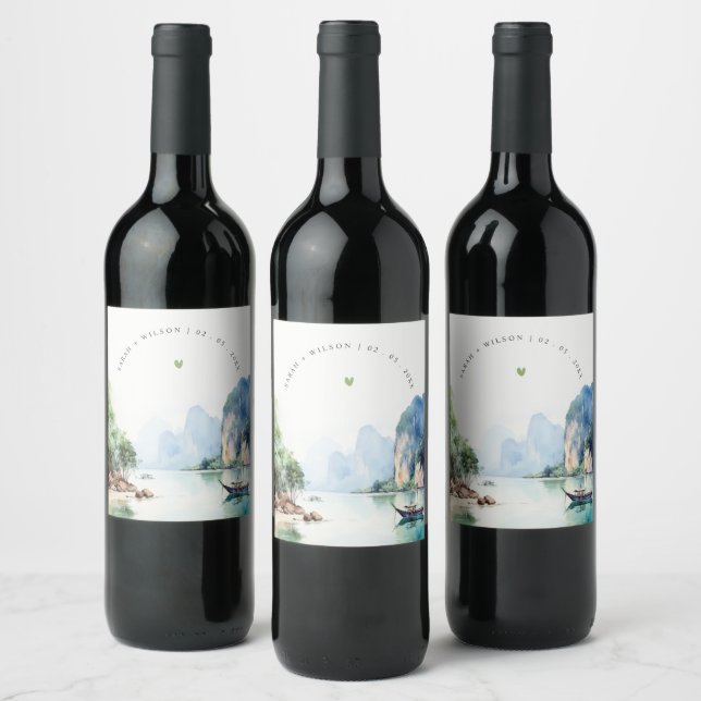 Soft Watercolor Coastal Thailand Seascape Wedding Wine Label (Bottles)