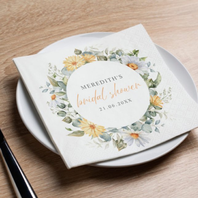Soft Watercolor Daisy Wildflowers Bridal Shower  Napkin (Bridal shower rustic floral botanical themed napkins. with Yellow flowers and dasies and greenery)