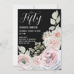 Soft watercolor delicate flowers  Black Birthday  Invitation