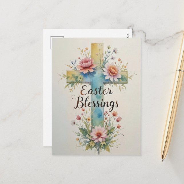 Soft Watercolor Easter Blessings  Holiday Postcard (Front/Back In Situ)