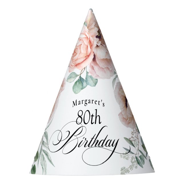 Soft Watercolor Floral 80th Birthday Party Hat (Front)