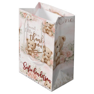 Soft Watercolor Floral Balloon blus bear Medium Gift Bag