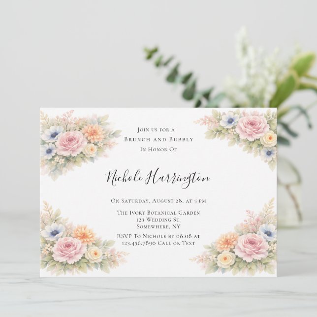 Soft Watercolor Floral Brunch and Bubbly Invitation (Standing Front)
