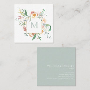 Soft Watercolor Floral Monogram Square Business Card
