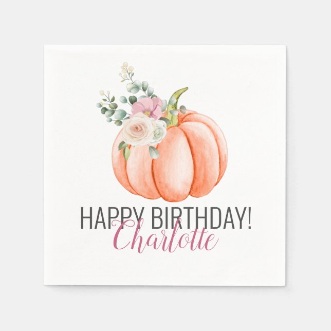 Soft Watercolor Floral Pumpkin Birthday Napkin (Front)